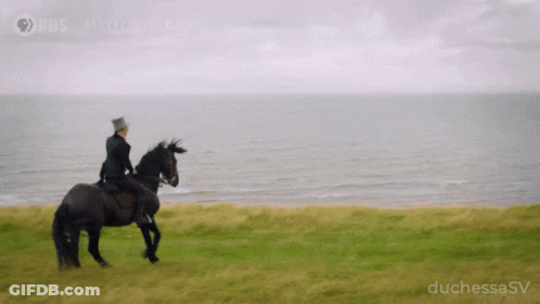 A Woman Riding A Horse In A Field With The Words Duchessasv On The Bottom Right GIF