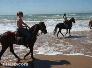 A Woman Riding A Horse On The Beach GIF