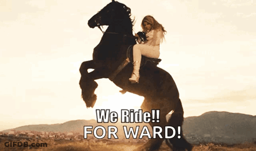 A Woman Riding A Horse With The Words We Ride For Ward Written Below Her GIF