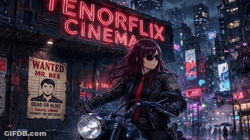 A Woman Riding A Motorcycle In Front Of A Neon Sign That Says Tenerflix Cinema GIF