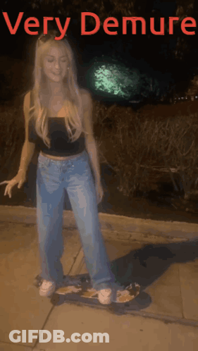 Woman Riding Skateboard With Very Demure Text GIF