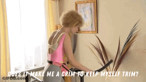 A Woman Riding A Treadmill With The Words " Does It Make Me A Grim To Keep Myself Trim " GIF