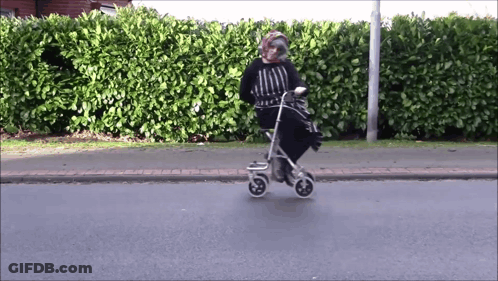 A Woman Riding A Walker Down A Street With A Hedge In The Background GIF