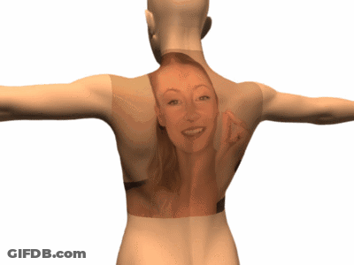 A Woman 'S Back Is Shown With A Picture Of Her Face On It GIF