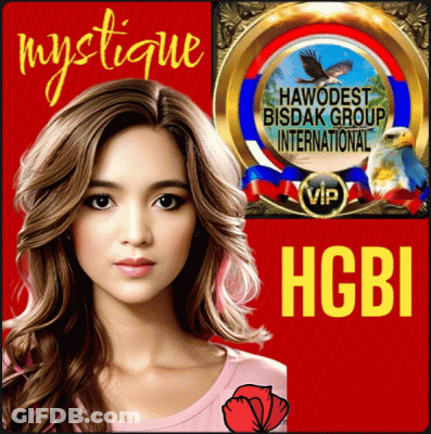 A Woman 'S Face Is On A Red Background With The Words Mystique And Habudest Bisdak Group International GIF