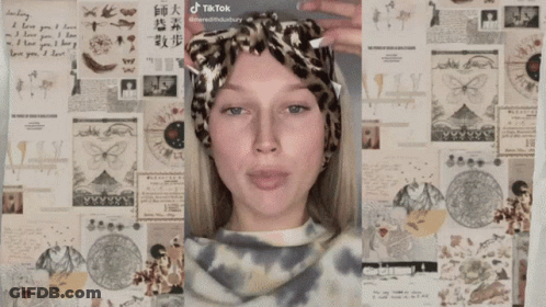 A Woman 'S Face Is Shown In Front Of A Collage Of Papers Including One That Says I Love You I Love GIF