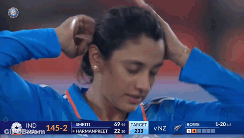 A Woman 'S Face Is Shown On A Television Screen During A Cricket Match Between India And Nz GIF