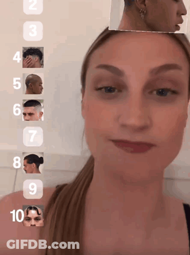 A Woman 'S Face Is Shown With A Numbered Row Of Faces Behind It GIF