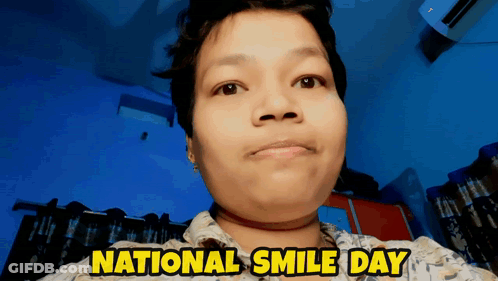A Woman 'S Face Is Shown With The Words National Smile Day Above It GIF