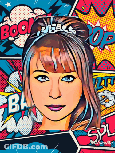 A Woman 'S Face Is Surrounded By Comic Book Speech Bubbles Including One That Says ' Boom ' GIF