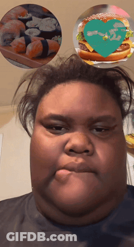 A Woman 'S Face Is Surrounded By Images Of Food Including A Hamburger And Sushi GIF