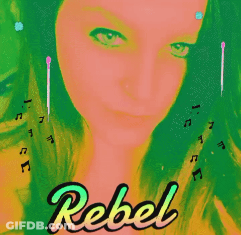 A Woman 'S Face Is Surrounded By Music Notes And The Word Rebel Is On The Bottom GIF