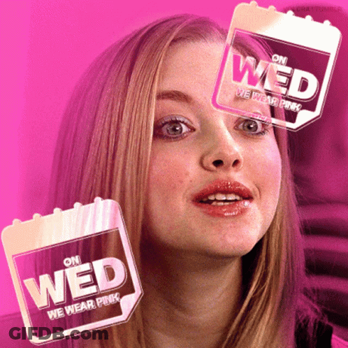 A Woman 'S Face Is Surrounded By Pink Stickers That Say On Wed We Wear Pink GIF