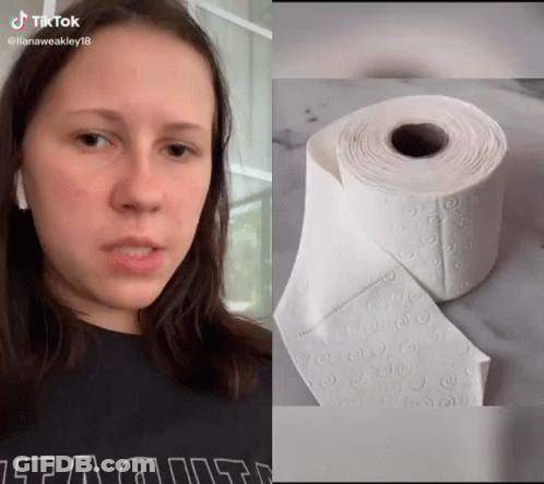 A Woman 'S Face Next To A Roll Of Toilet Paper That Says Tiktok GIF