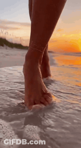 A Woman 'S Feet Are Walking On The Beach At Sunset . GIF
