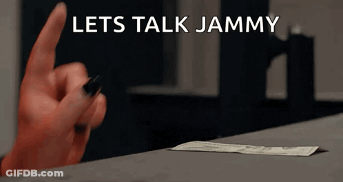 A Woman 'S Hand Is Pointing At A Dollar Bill That Says Let 'S Talk Jammy On It GIF
