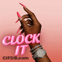 A Woman 'S Hand With Long Pink Nails And A Watch Has The Words Clock It Above It GIF