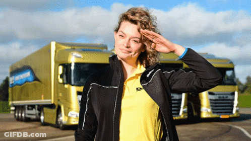 A Woman Salutes In Front Of A Truck That Says ' Daf ' On It GIF