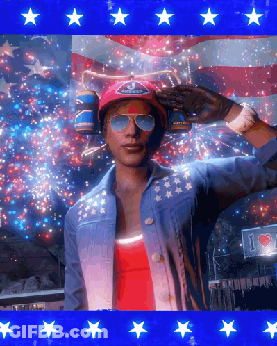 A Woman Salutes In Front Of An American Flag With A Sign That Says I Love America GIF