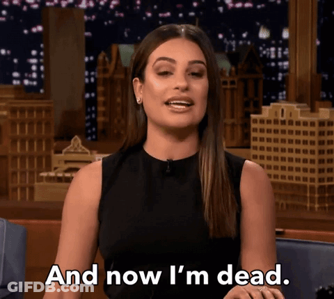 A Woman Says " And Now I 'M Dead " In Front Of A Cityscape GIF