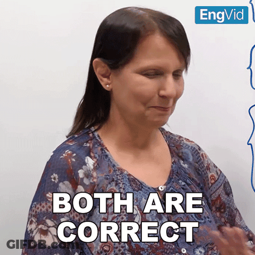 A Woman Says Both Are Correct In Front Of A Sign That Says Engvid GIF