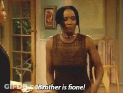 A Woman Says Brother Is Fione While Standing Next To Another Woman In A Living Room GIF