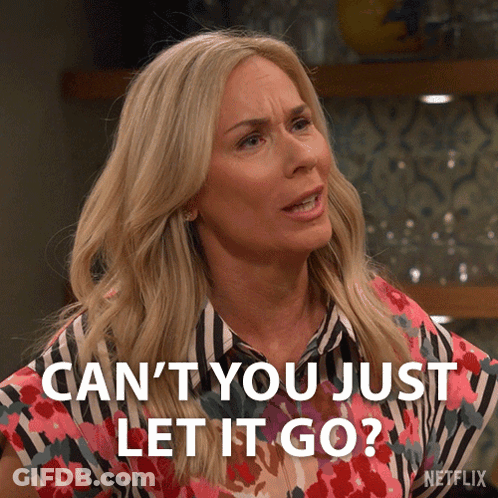 A Woman Says " Can 'T You Just Let It Go " While Wearing A Striped Shirt GIF