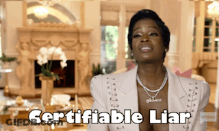 A Woman Says " Certifiable Liar " In Front Of A Fireplace In A Living Room GIF