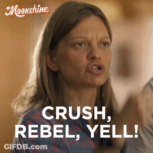 A Woman Says " Crush Rebel Yell " In Front Of A Moonlight Logo GIF