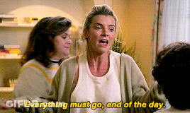 A Woman Says " Everything Must Go End Of The Day " In A Room GIF