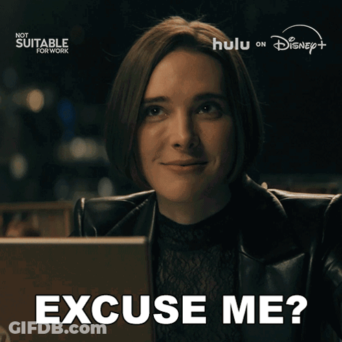 A Woman Says Excuse Me While Looking At A Laptop Screen GIF