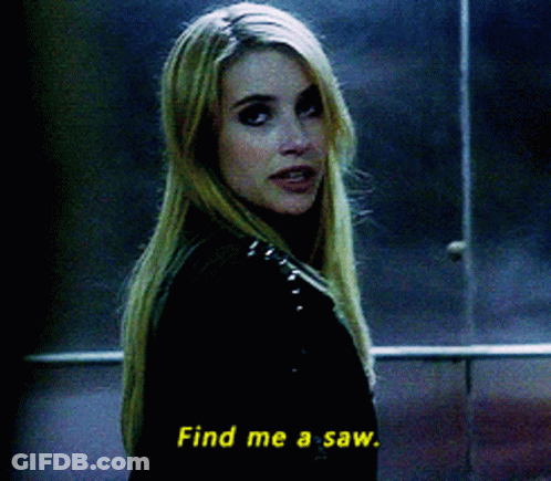 A Woman Says Find Me A Saw In Yellow Letters GIF
