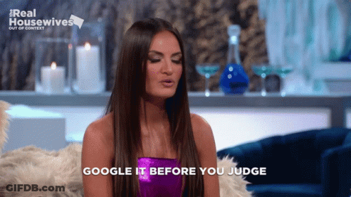 A Woman Says Google It Before You Judge While Sitting On A Couch GIF