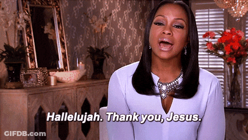 A Woman Says Hallelujah Thank You Jesus In A Room GIF