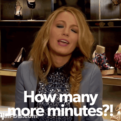 A Woman Says How Many More Minutes In Front Of A Shoe Rack GIF