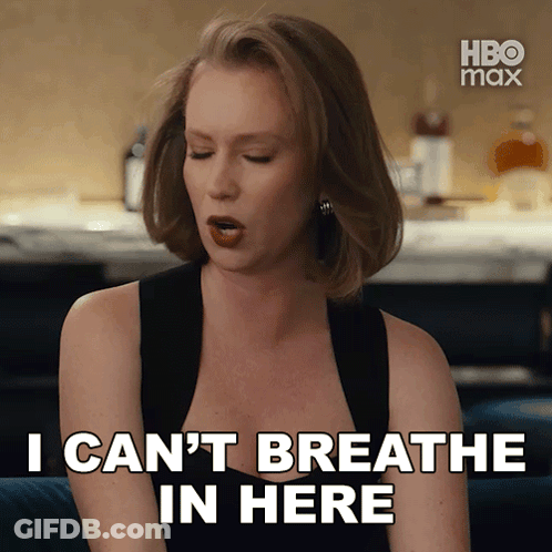 A Woman Says " I Can 'T Breathe In Here " In Front Of A Hbo Max Logo GIF