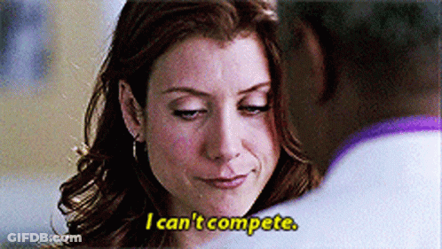 Woman Saying I Can't Compete Next To Man In Purple Shirt GIF