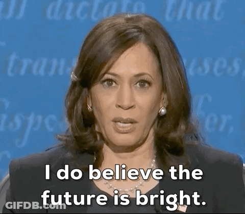 A Woman Says " I Do Believe The Future Is Bright " In Front Of A Blue Background GIF