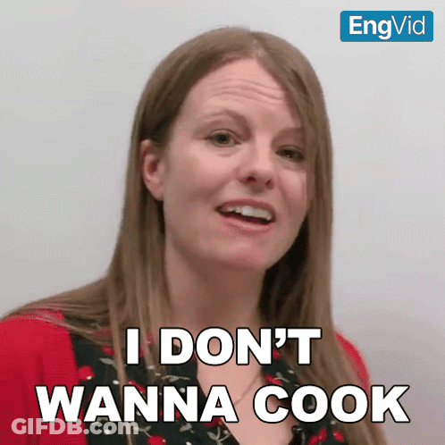 A Woman Says " I Don 'T Wanna Cook " In Front Of An Engvid Logo GIF