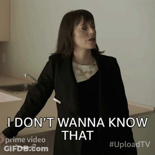 A Woman Says " I Don 'T Wanna Know That " In Front Of An Amazon Logo GIF