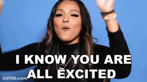A Woman Says I Know You Are All Excited With Her Hands In The Air GIF