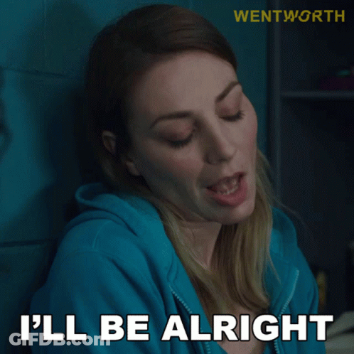 A Woman Says I 'Ll Be Alright In Front Of A Blue Background GIF