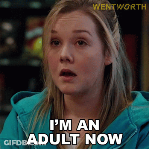 A Woman Says I 'M An Adult Now In A Blue Hoodie GIF