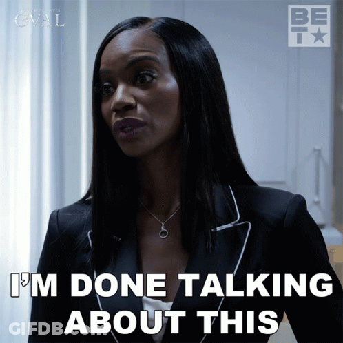 A Woman Says " I 'M Done Talking About This " While Wearing A Black Suit GIF