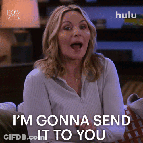 A Woman Says I 'M Gonna Send It To You While Sitting On A Couch GIF