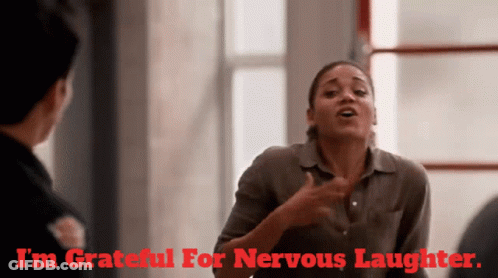 A Woman Says I 'M Grateful For Nervous Laughter In Red GIF