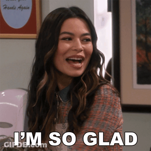 A Woman Says I 'M So Glad In Front Of A Picture Of Friends Again GIF