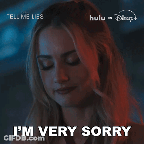A Woman Says " I 'M Very Sorry " In Front Of A Hulu Ad GIF