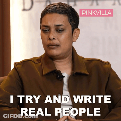 A Woman Says I Try And Write Real People In Front Of A Pinkvilla Logo GIF