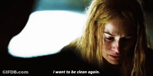 A Woman Says " I Want To Be Clean Again " In A Dark Room GIF